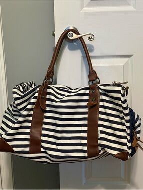 Oflamn Navy & White Striped Canvas Tote with Brown trim